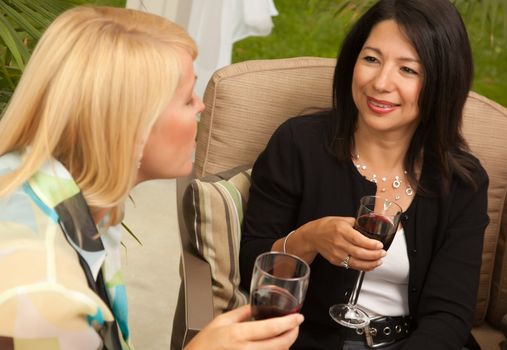 Two Girlfriends Enjoy Wine on the Outdoor Patio.