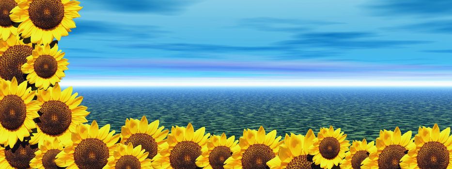 Background of blue sky and ocean with lots of sunflowers on the left side