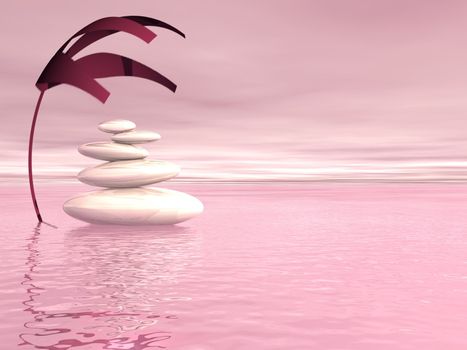 Balanced white stones upon the ocean and under a covering plant in a violet background