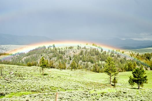 Rainbow hugs the contours of a hillside after storm Yellowstone Park