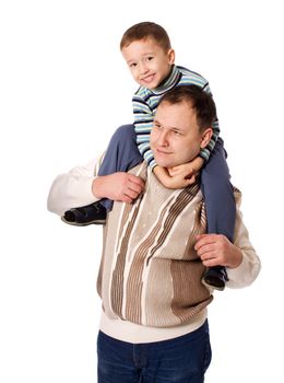 Happy Father holding son on shoulders isolated on white