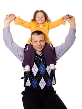 Happy Father holding daughter on shoulders isolated on white