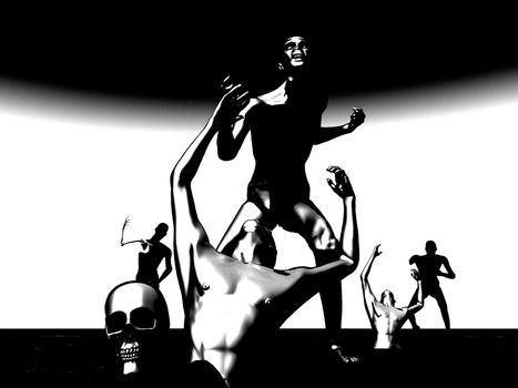 Black and whites cartoon zombies coming out of the ground.