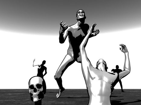Black and whites cartoon zombies coming out of the ground.