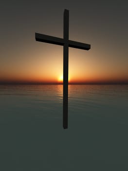 Religious concept image of a floating cross over the sea.