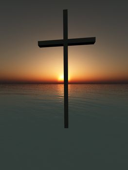 Religious concept image of a floating cross over the sea.