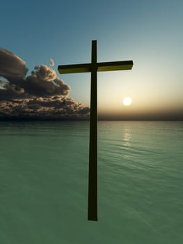Religious concept image of a floating cross over the sea.