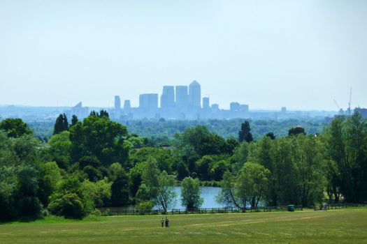 The skyline of Canary Wharf as seen from Hainault Forest