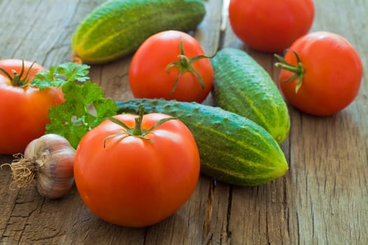 Fresh vegetables: tomatoes and cucumbers. Photo of healthy eating
