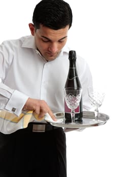 A waiter or servant at work.  White background.
