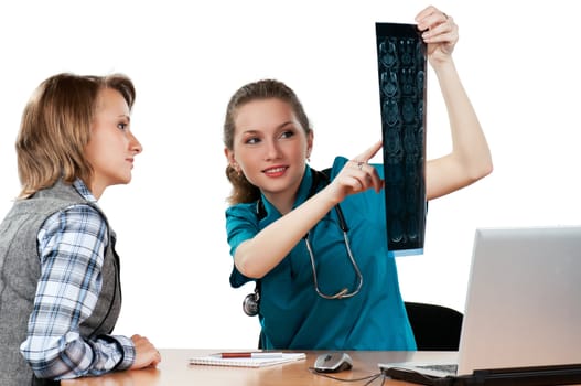 Medical doctor and patient analysing x-ray photography isolated on white background