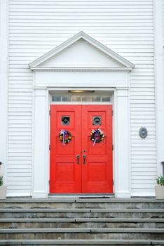 brightly colored church gate on an overcast day
