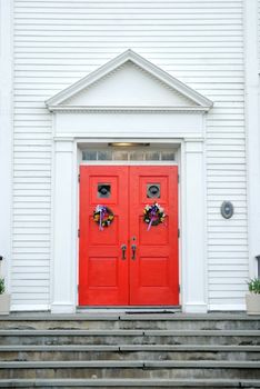brightly colored church gate on an overcast day