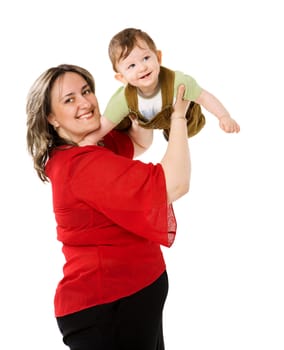 Happy Mother holding toddler son isolated on white