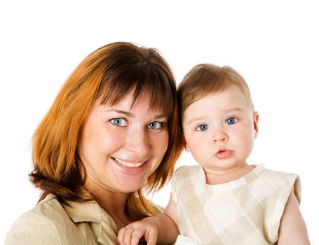 Mother with one year daughter together isolated on white