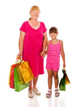 Grandmother with child go shopping isolated on white