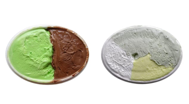Mint and chocolate icecream isolated over white