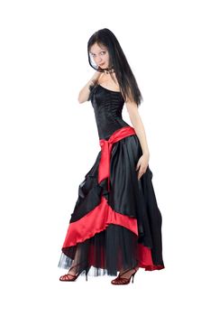 Beautiful Gothic Girl wearing black dress with red ornate isolated on white