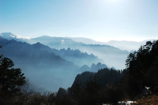 Landscape of mountains in a winter morning