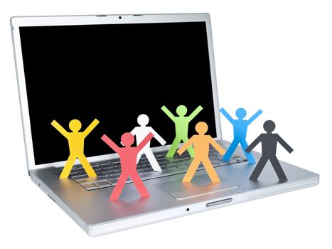 Several multicolored paper figures over a laptop keyboard. Isolated on white background.