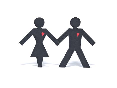 An heterosexual paper figure couple holding hands isolated on white background.