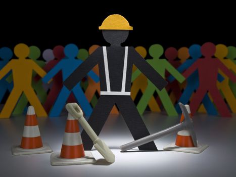 A paper construction worker stands on the spotlight with his tools and cones.