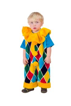 Sad child wearing clown costume isolated on white