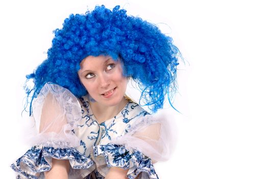 Young woman wearing Blue wig isolated on white