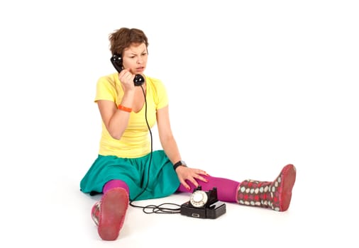 people series: young girl in bright clothes speak on phone