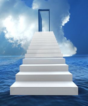 Staircase with open door to a semi cloudy blue sky. 3D illustration