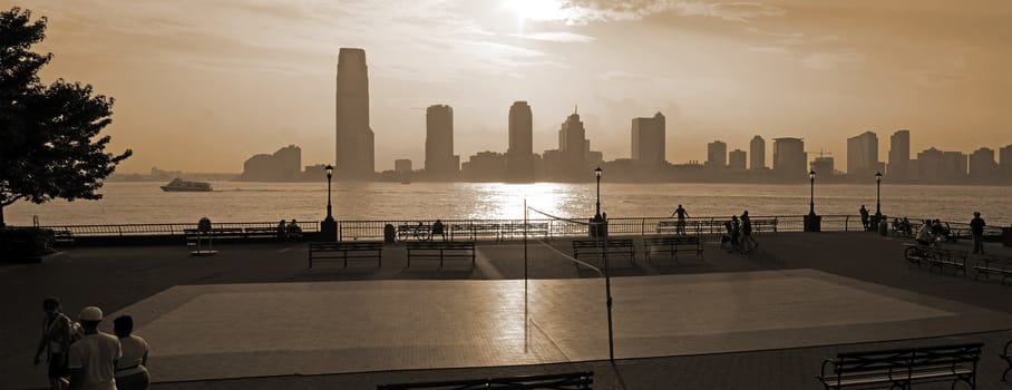 sepia panorama photo of New Jersey, photo taken from Manhattan