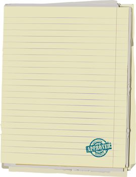 Stack of old lined papers from note book and rubber stamp. Clipping path included to easy remove object shadow or replace background.