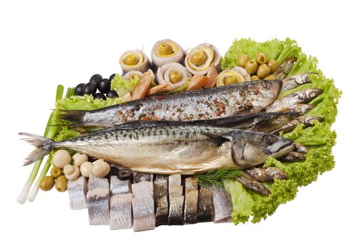 A fish set with herring, mackerel, clupea and vegetables isolated on white. File includes clipping path for easy background removing.
