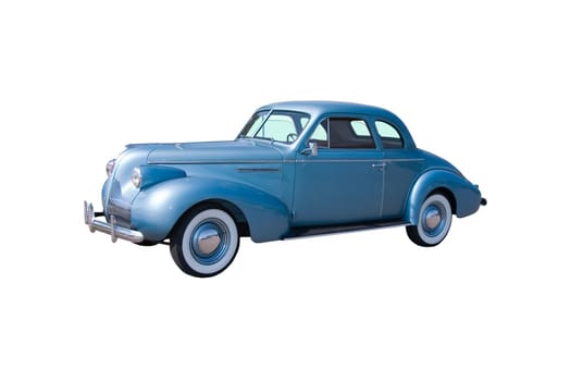 This is a picture of a light blue vintage pre-war automobile isolated on a white background.