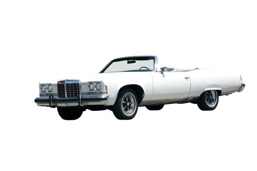 This is a picture of a white 1970's convertible on a street taken on a sunny day with the top down, isolated on a white background.