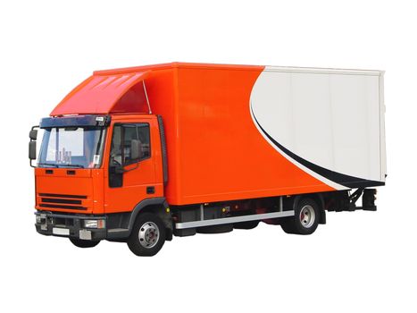 This is a picture of an orange and white, European delivery truck ready to deliver its goods. Isolated on white.