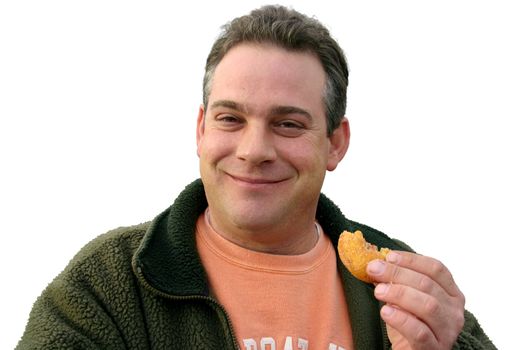 This is a picture of a man eating a donut, isolated on white.