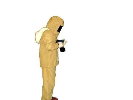 This is a picture of an electrical worker in a fire retardant flash suit used for working on high voltage equipment isolated in white
