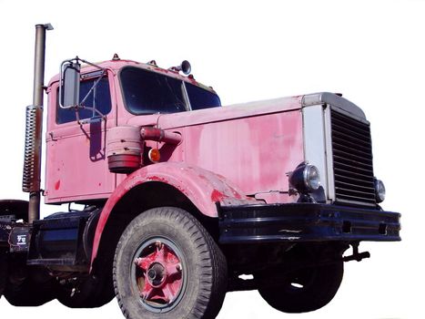 This is an old faded red work truck isolated over white.