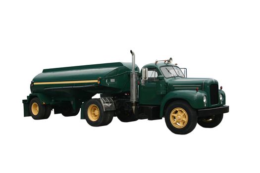This is a dark green side view of a fuel tanker truck and trailer, isolated on white.