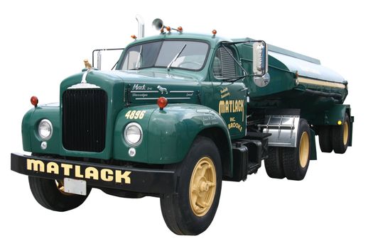 This is a dark green front view of a Matlack fuel tanker truck and trailer, isolated on white.
