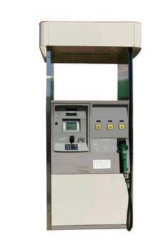 This is a picture of an electronic fuel pump with three choices of gas and credit card payment option isolated on a white back ground.