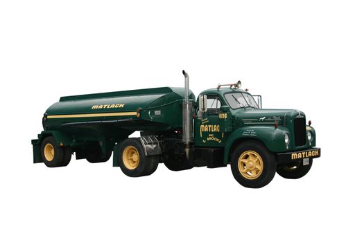 This is a dark green side view of a Matlack fuel tanker truck and trailer, isolated on white.