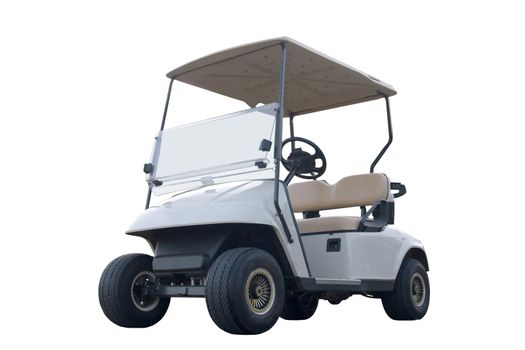 This is a low angle picture of a modern golf car isolated on white.