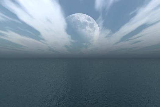 This image shows a big moon with clouds over the ocean