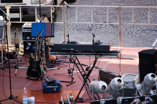 setup of a concert stage in the evening before the night concert