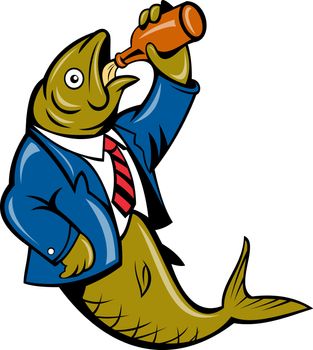 illustration of a cartoon Herring fish business suit drinking beer bottle isolated on white 
