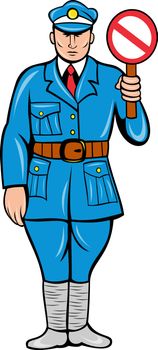retro style illustration of a policeman or police officer with stop sign standing front view
