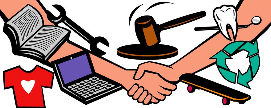 illustration showing two hands in handshake closing a deal at auction with gavel hammer going down and different goods and services like dental, repair, books, laptop computer, recycling services isolated on white background.