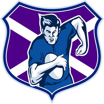 illustration of a rugby player running with ball with flag and shield of scotland
